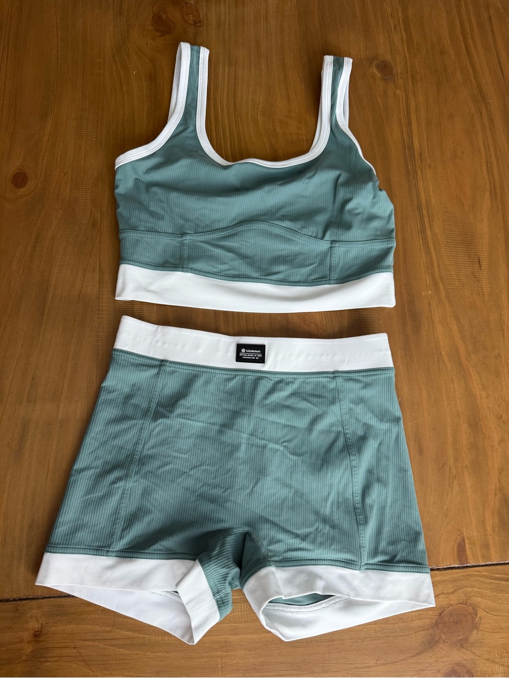 lululemon athletica Sage Green and White Ribbed Scoop Sports Bra & Biker Short